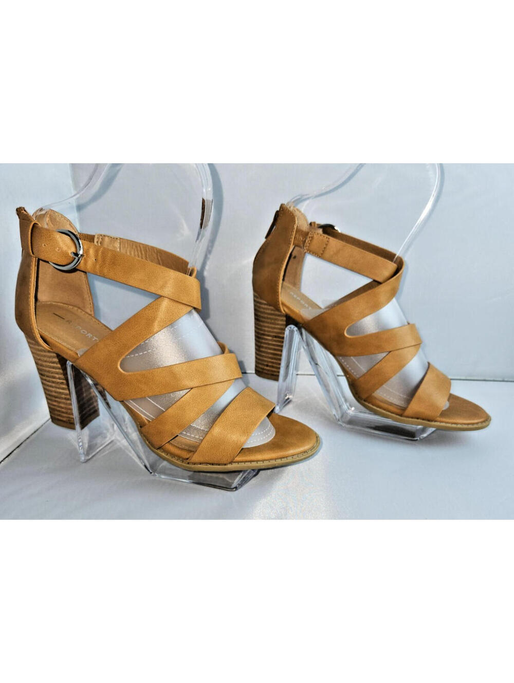 Report, sandals, ankle strap, 4" block heels, size 9, tan